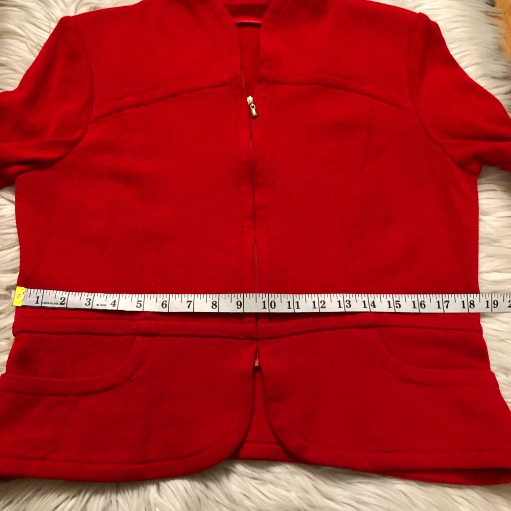 St. John Santana Wool Zip Up Fitted Cropped Bright Red Womens Knit Jacket size L - Picture 13 of 14